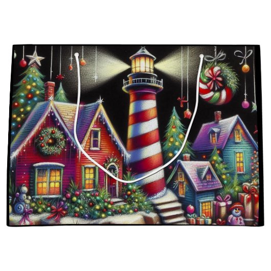 Whimsical Christmas Lighthouse Rood Roze Paarse Groot Cadeauzakje (Voorkant)
