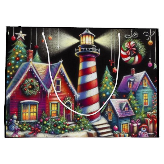 Whimsical Christmas Lighthouse Rood Roze Paarse Groot Cadeauzakje (Achterkant)