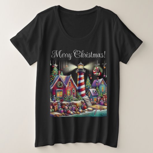 Whimsical Christmas Lighthouse Rood Roze Paarse Grote Maat T-shirt (Design voorkant)
