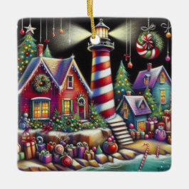 Whimsical Christmas Lighthouse Rood Roze Paarse Keramisch Ornament