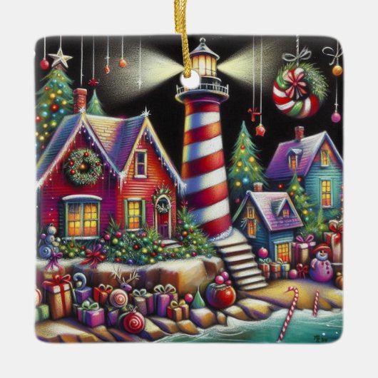 Whimsical Christmas Lighthouse Rood Roze Paarse Keramisch Ornament (Voorkant)