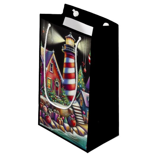 Whimsical Christmas Lighthouse Rood Roze Paarse Klein Cadeauzakje (Voorkant Gekanteld)