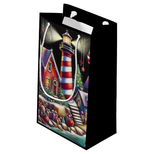 Whimsical Christmas Lighthouse Rood Roze Paarse Klein Cadeauzakje (Achterkant Gekanteld)