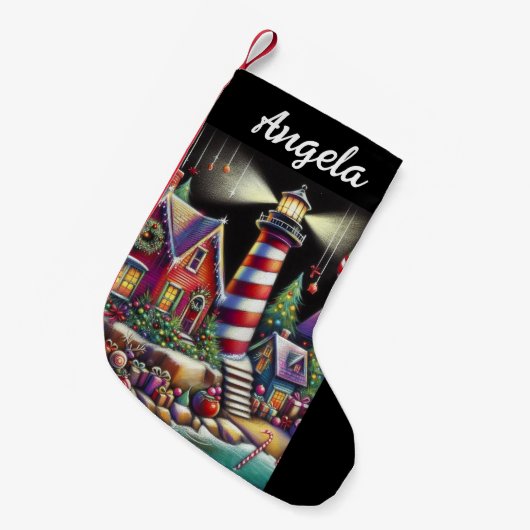 Whimsical Christmas Lighthouse Rood Roze Paarse Kleine Kerstsok (Voorkant (Hangend))