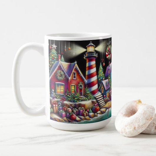 Whimsical Christmas Lighthouse Rood Roze Paarse Koffiemok (Met donut)