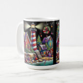 Whimsical Christmas Lighthouse Rood Roze Paarse Koffiemok (Voorkant links)