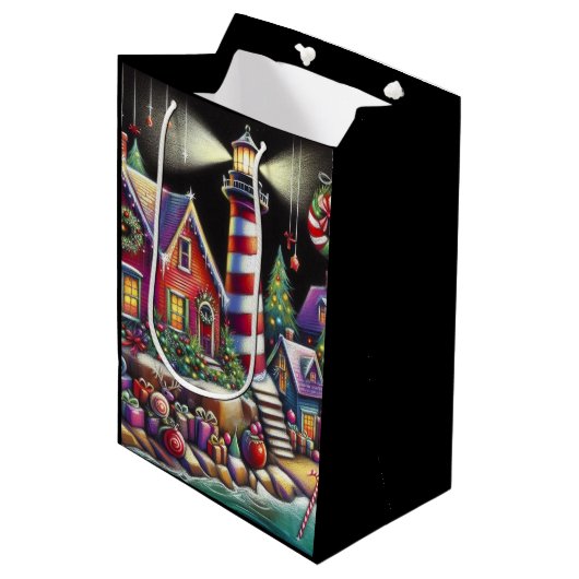 Whimsical Christmas Lighthouse Rood Roze Paarse Medium Cadeauzakje (Voorkant Gekanteld)