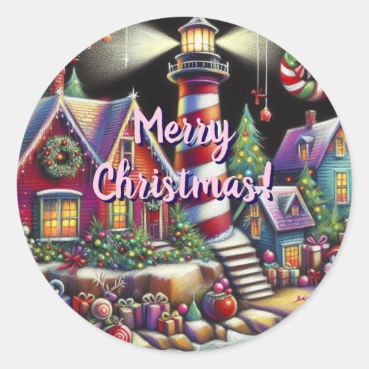 Whimsical Christmas Lighthouse Rood Roze Paarse Ronde Sticker (Voorkant)