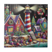 Whimsical Christmas Lighthouse Rood Roze Paarse Tegeltje (Voorkant)