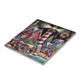 Whimsical Christmas Lighthouse Rood Roze Paarse Tegeltje