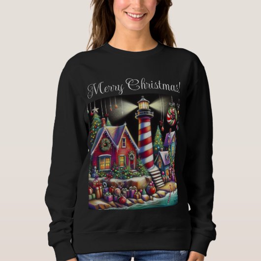 Whimsical Christmas Lighthouse Rood Roze Paarse Trui (Voorkant)