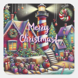 Whimsical Christmas Lighthouse Rood Roze Paarse Vierkante Sticker