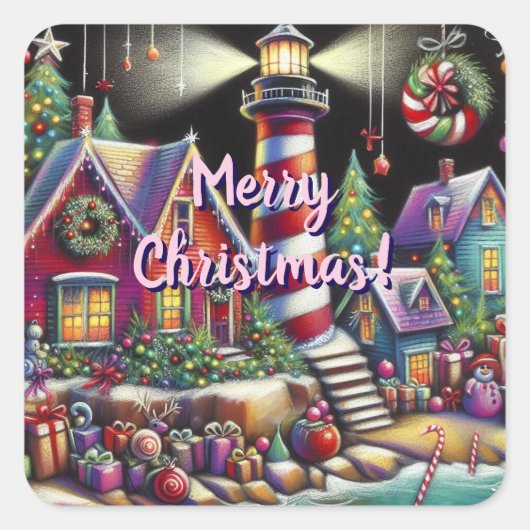 Whimsical Christmas Lighthouse Rood Roze Paarse Vierkante Sticker (Voorkant)