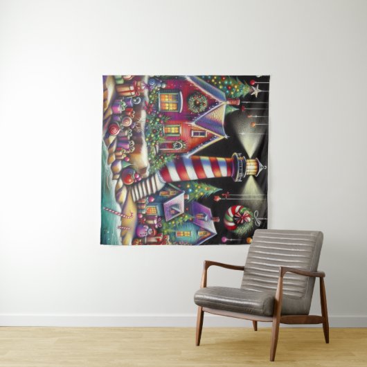 Whimsical Christmas Lighthouse Rood Roze Paarse Wandkleed (In Situ (horizontaal))