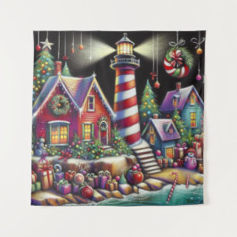 Whimsical Christmas Lighthouse Rood Roze Paarse Wandkleed