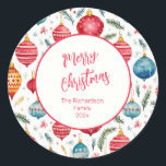 Whimsical Christmas  Ornamenten Sticker<br><div class="desc">Je vrienden en familieleden zullen glimlachen als ze je kerstkaarten en cadeaupakketten ontvangen met deze grillige ornamenten sticker. Het patroon is zo schattig met felle, vrolijke vakantiekleuren van rood, blauw en geel in een waterverf. Bits van Yuletide efemera en slierten van pijnboomtakken zijn extra decoraties. Alle tekst, die in het...</div>
