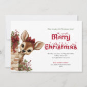 Whimsical Christmas peeking baby deer greeting  Feestdagenkaart (Voorkant)