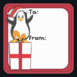 Whimsical Christmas Penguin Gift Label Sticker<br><div class="desc">Dit schattige ontwerp is voorzien van een grillige pinguïn die een kerstmuts draagt en bovenop een verpakt cadeau zit. Unieke tekst met de tekst "tot" en "van" maakt het uiterlijk van dit geweldige label voor een pakketreis compleet. We hebben verschillende design met leuke en grillige graphics voor de kerstvakantie. ©...</div>