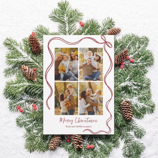 Whimsical Christmas Photo Card with Red Bow Feestdagenkaart