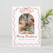 Whimsical Christmas Photo Hand-Drawn Bow Ribbon Feestdagenkaart (Staand voorkant)