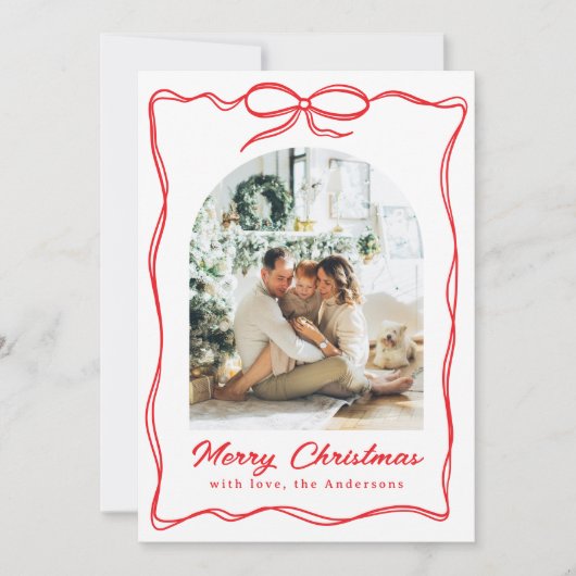 Whimsical Christmas Photo Hand-Drawn Bow Ribbon Feestdagenkaart (Voorkant)
