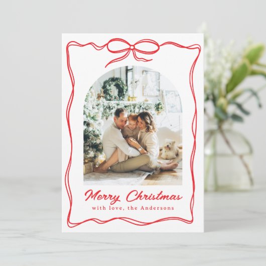 Whimsical Christmas Photo Hand-Drawn Bow Ribbon Feestdagenkaart (Staand voorkant)
