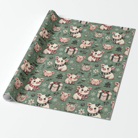 Whimsical Christmas Pigs Flat Sheet Holiday Wrap Cadeaupapier (Uitgerold)