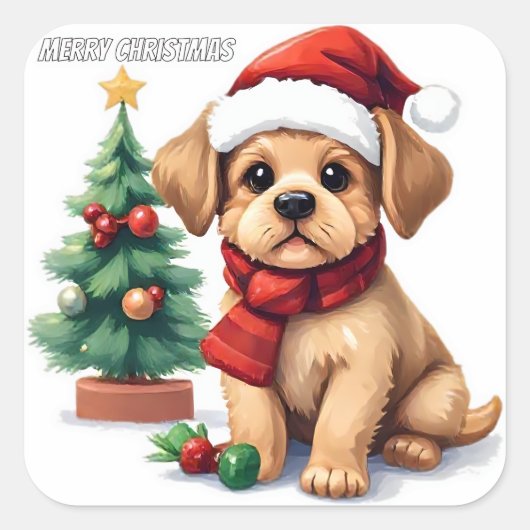 Whimsical Christmas Puppy Sticker | "Merry Christm (Voorkant)
