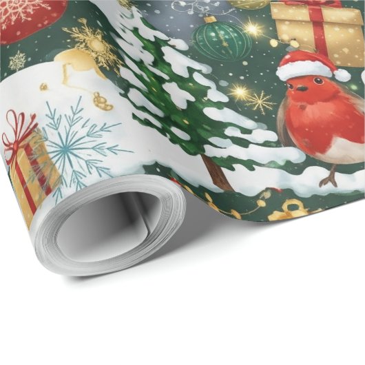 Whimsical Christmas Robin inpakpapier (Rol Hoek)