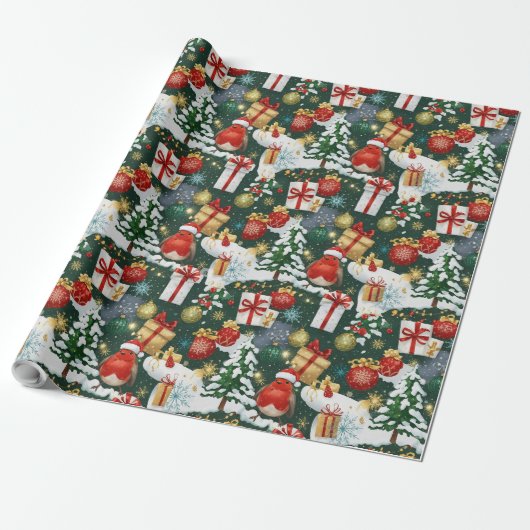 Whimsical Christmas Robin inpakpapier (Uitgerold)