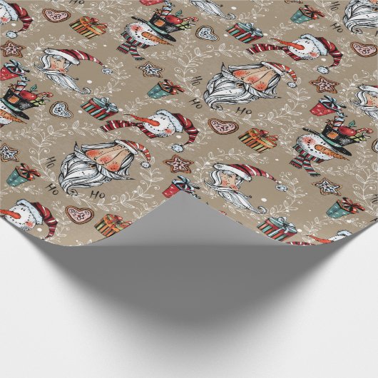 Whimsical Christmas Santa and Snowman  Cadeaupapier (Hoek)