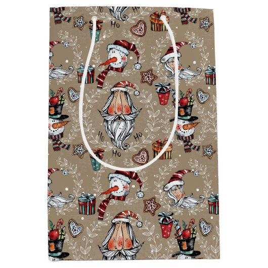 Whimsical Christmas Santa and Snowman Medium Cadeauzakje (Voorkant)
