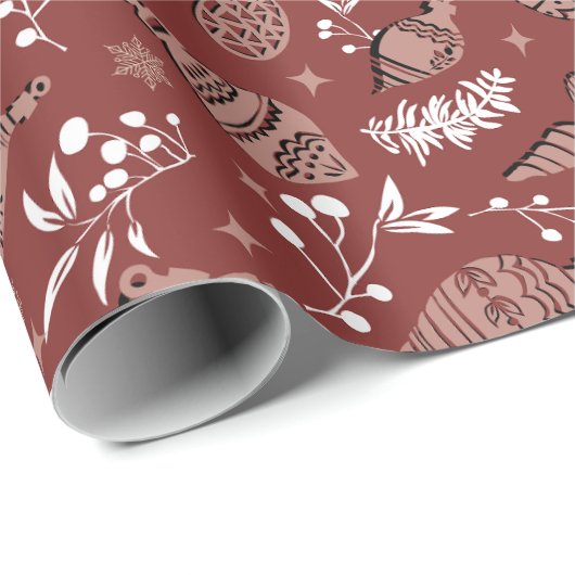 Whimsical Christmas Scandinavisch Botanisch Rood Cadeaupapier (Rol Hoek)