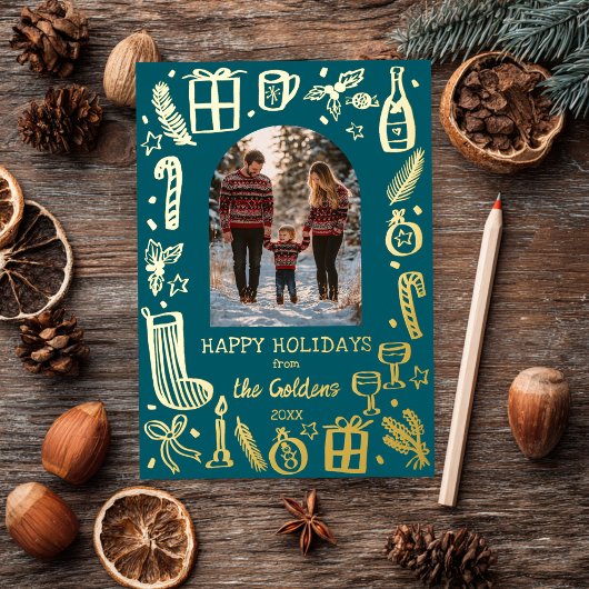 Whimsical Christmas Schattige Custom PHOTO GOLD Folie Feestdagenkaart