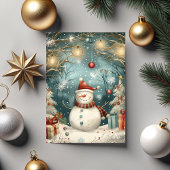 Whimsical Christmas Snowman in Winter Forest Kaart