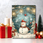 Whimsical Christmas Snowman in Winter Forest Kaart