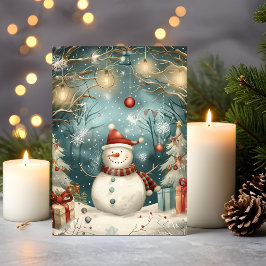 Whimsical Christmas Snowman in Winter Forest Kaart