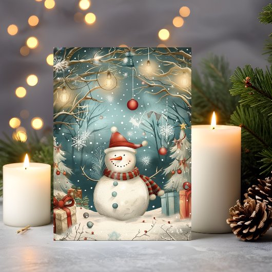 Whimsical Christmas Snowman in Winter Forest Kaart