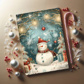 Whimsical Christmas Snowman in Winter Forest Kaart