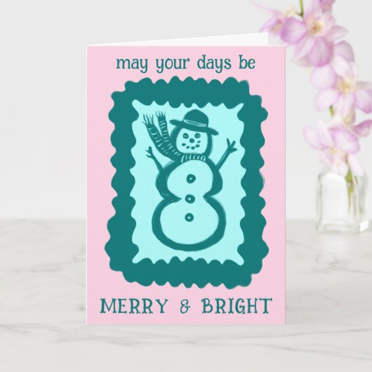 Whimsical Christmas Snowman Merry & Bright Holiday Kaart (Orchidee)