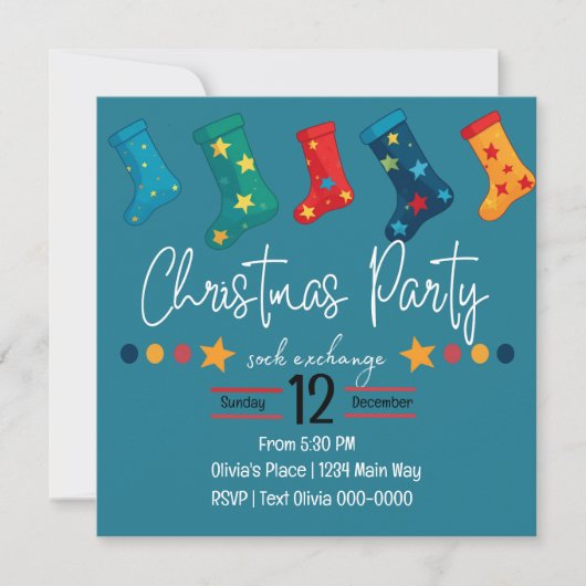 Whimsical Christmas Sock Exchange Party in blauw Kaart (Voorkant)