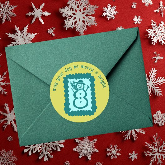 Whimsical Christmas Stamp Cute Custom Merry Bright Ronde Sticker