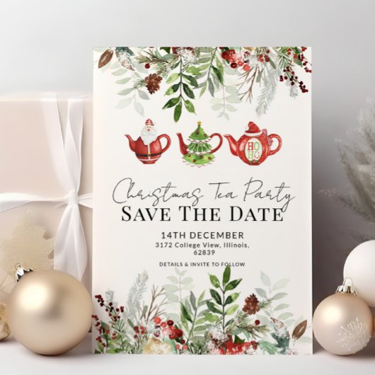 Whimsical Christmas Tea Party Bewaar de datum Kaart