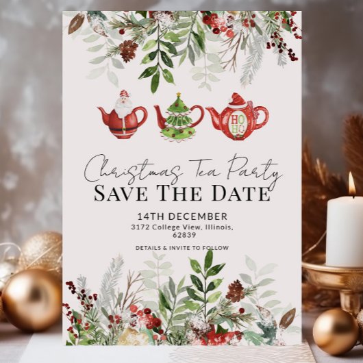 Whimsical Christmas Tea Party Bewaar de datum Kaart