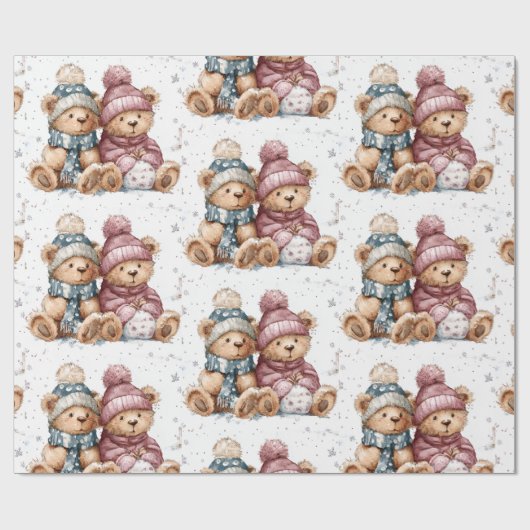 Whimsical Christmas Teddy Bears Wrapping Paper  Cadeaupapier (Vlak)