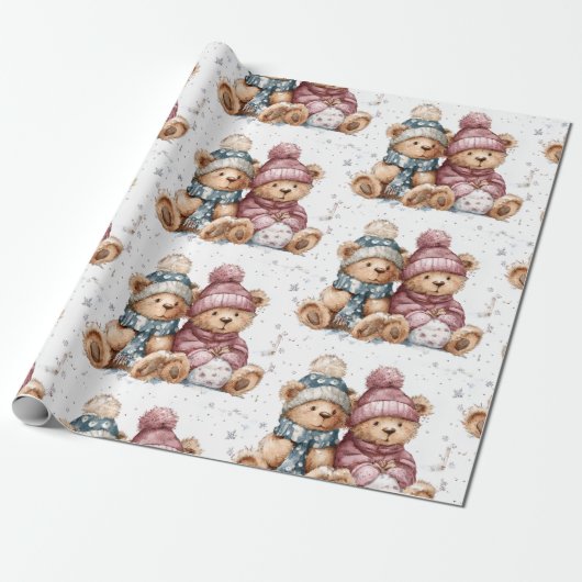 Whimsical Christmas Teddy Bears Wrapping Paper  Cadeaupapier (Uitgerold)