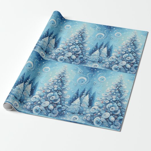 Whimsical Christmas Tree Blue Decoupage Cadeaupapier (Uitgerold)