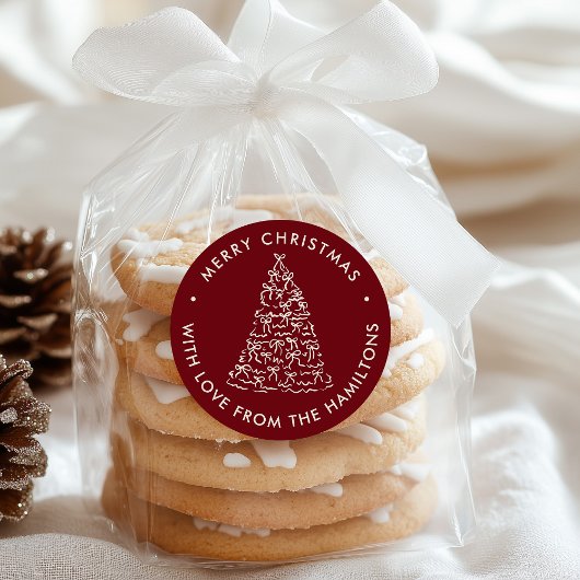 Whimsical Christmas Tree Bows Cranberry Christmas Ronde Sticker