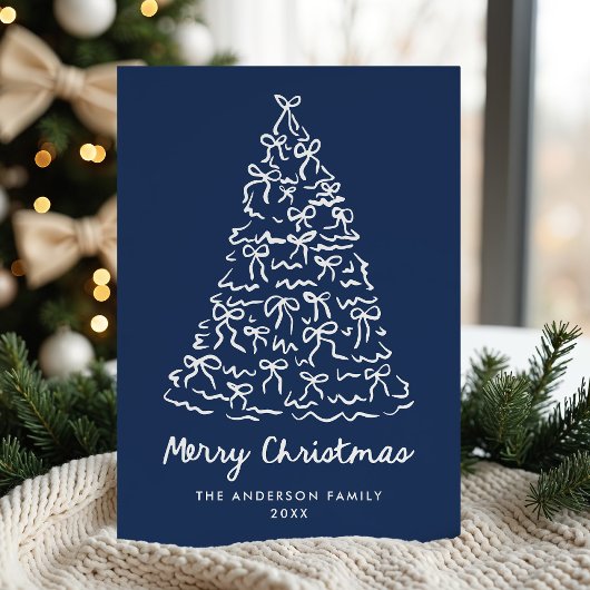 Whimsical Christmas Tree Bows Navy Non-Photo Feestdagenkaart