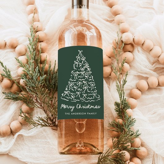 Whimsical Christmas Tree Bows Pine Green Holiday Wijn Etiket